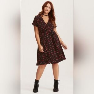 Torrid Mini Studio Knit Wrap Dress, Size 1/1x, Black with cherry print